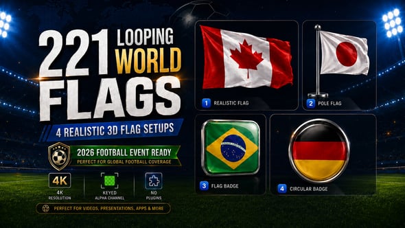 221 Looping World Flags – 4 Realistic 3D Setups, Keyed