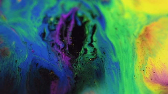 Paint Flow. Color Fluid Spill. Defocused Glowing Gradient Ink Water Blend Motion