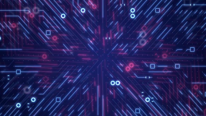 Animation Of Glowing Circuit Chip With Digital Circuit Lines