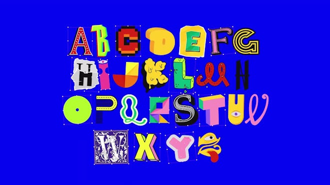 Pack Of 48 Colorful Collage Typefaces On Alpha
