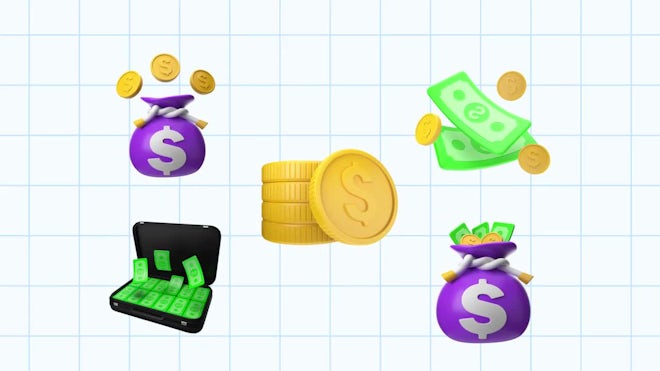 Pack Of 5 Money 3D Icons On Alpha