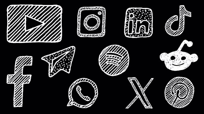 Pack Of 11 White Wiggly Hand Drawn Pattern Social Media Logo Doodle Icon